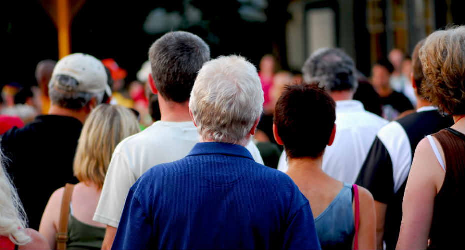 A crowd or group seen from behind, perhaps representing intersections of society