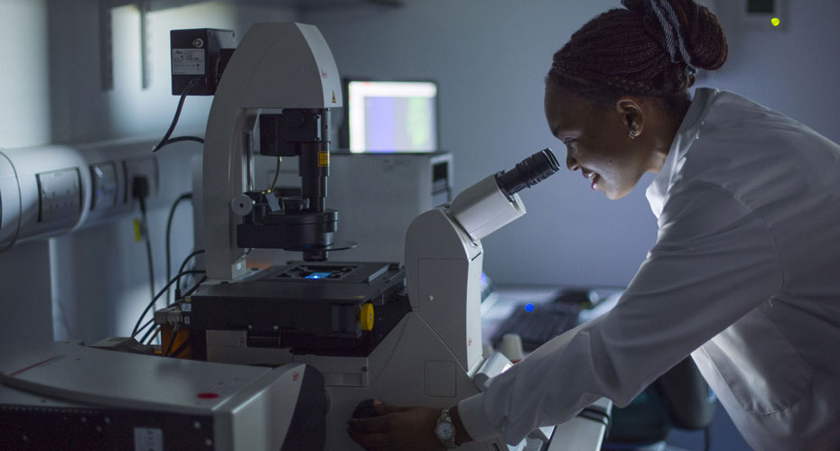 Female researcher looking through microscope