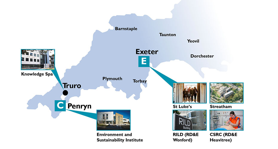 Map showing the locations of HLS departments: the Knowledge Spa in Truro, Cornwall; the Environment and Sustainability Institute in Penryn, Cornwall; and the RD&E Hospital, St Luke’s and Streatham Campuses: all in Exeter, Devon.