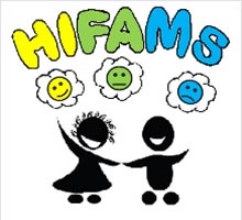 HIFAMS logo: the text HIFAMS above a yellow happy face, a green 'ok' face, and a blue sad face. Below the faces is a graphic of two children smiling and holding hands.