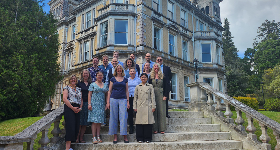 Group photo of the Health Professions Education & Wellbeing research group, standing on stone steps outdoors