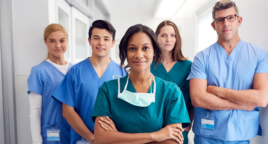 A group of medical staff in scrubs