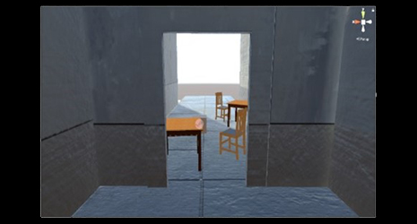 Screenshot from a VR simulation, showing a doorway partly blocked by chairs and tables