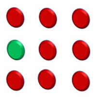 Nine circles arranged in three rows of three. The first circle in the second row is green.