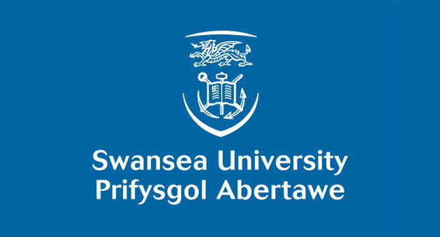 Logo: Swansea University/Prifysgol Abertawe. White text and a crest on a blue background