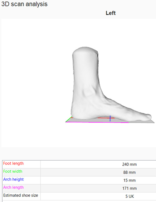 A 3D scan of a left foot with a data table. Data shown is: Foot Length: 240mm. Foot width: 88mm. Arch height: 15mm. Arch length: 171mm. Estimated shoe size: 5 UK