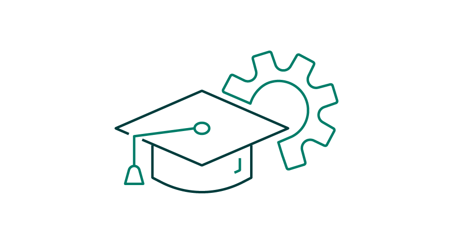 Research icon: a mortarboard and a cog